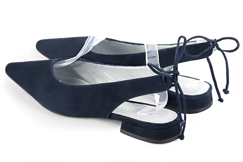 Navy blue women's slingback shoes. Pointed toe. Flat block heels. Rear view - Florence KOOIJMAN